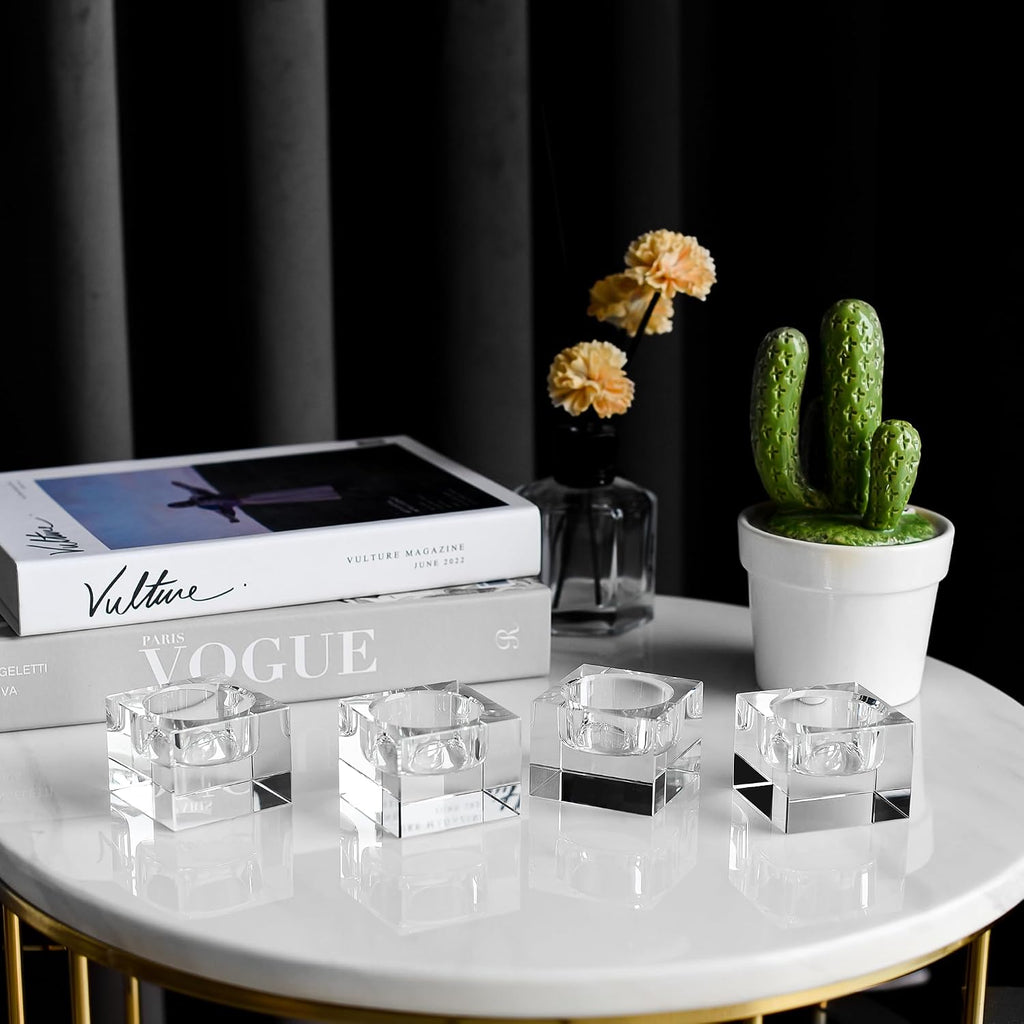 Home Crystal Tealight Candle Holders Pack of 4, 1.5 Inches Height, Heavy Solid Square Hand Cut Tealight Holders Sets