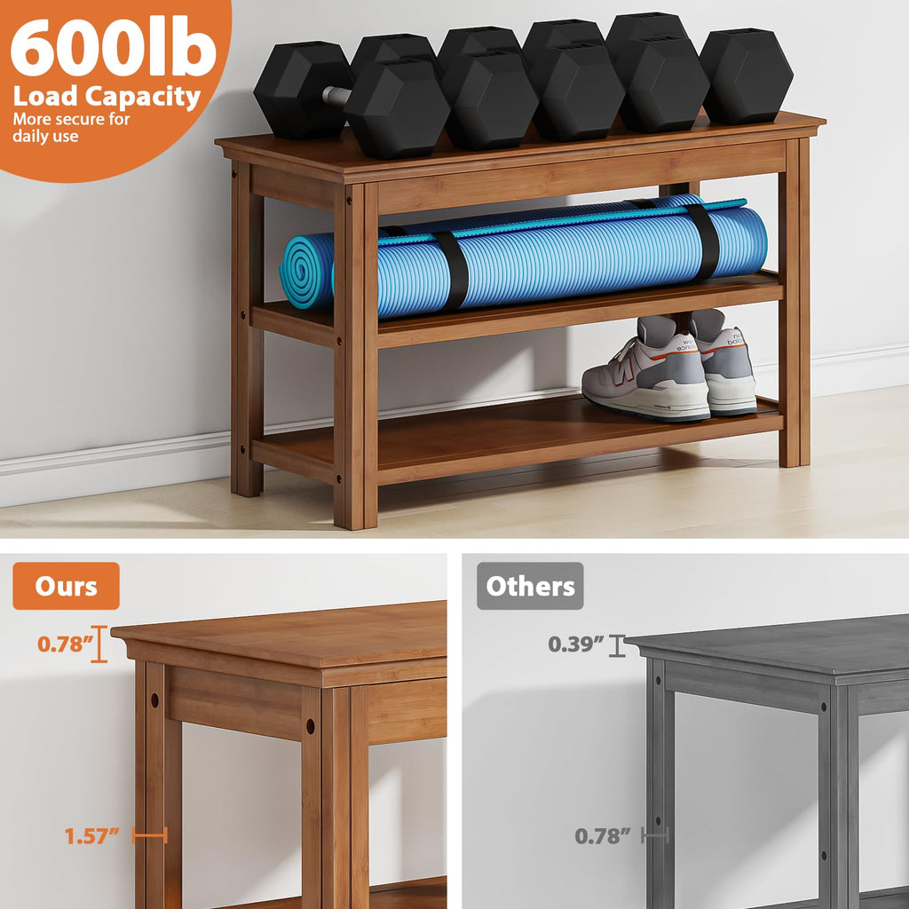 Shoe Bench 3 Tier Bamboo Entryway Storage Benches Rustic Solid Wood Shoe Rack (R-Brown, 39.4"), 3T100