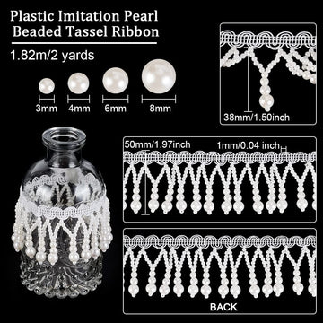 Pearl Tassle Beaded Trim 2 Inch Wide White Lace Ribbon Applique Pearl Fringe for Wedding Bridal DIY Sewing - 2 Yards