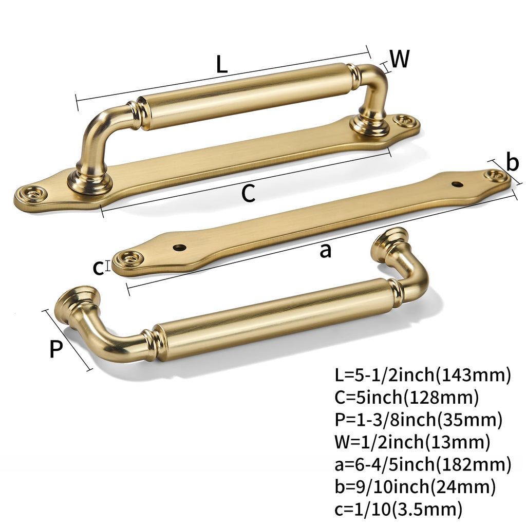 5 Pack 5 Inch Hole Center Brushed Brass Cabinet Pull with Backplate Solid Heavy-Duty Handles with Base Plate Cabinet