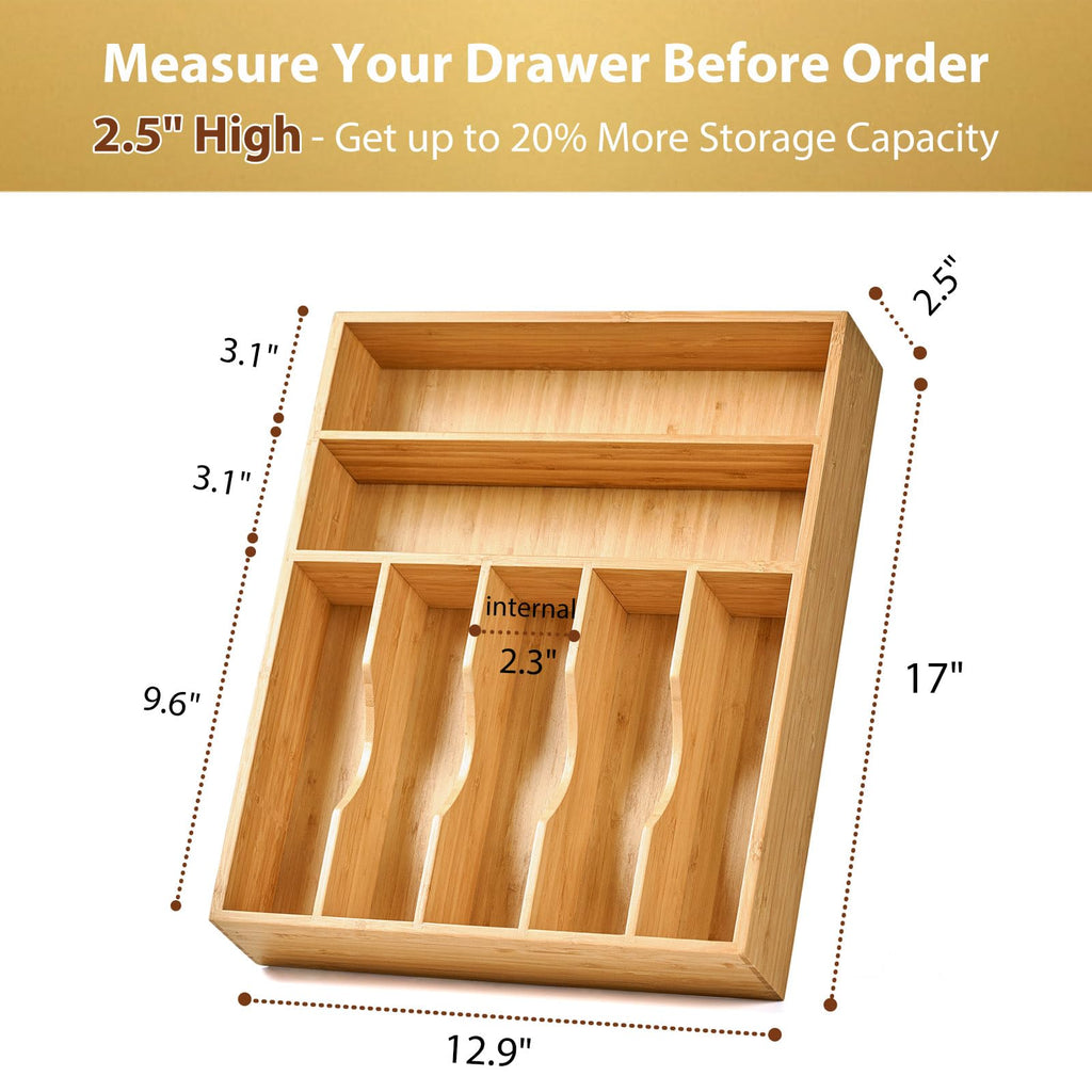 Bamboo Kitchen Drawer Organizer, 13 Inch Silverware Utensil Tray Holder, Extra Deep Grooved Drawer Divider, 7 Slots