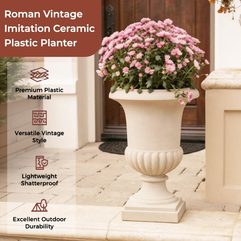 24.4" H Large Roman Urn Planter, Lightweight Plastic Flower Pot