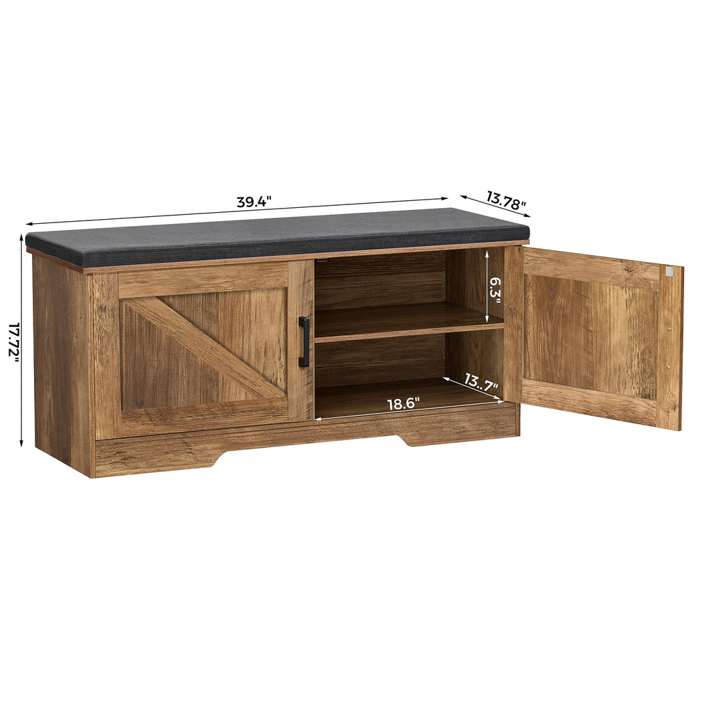 Farmhouse Shoe Storage Bench with 2 Barn Doors & Padded Seat Cushion