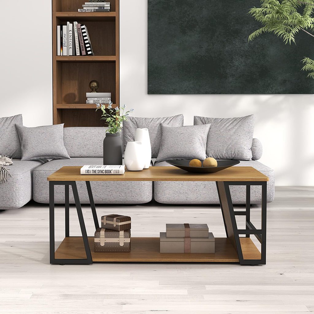 Modern Coffee Table with Storage, 2-Tier Wood Center Table, Oak