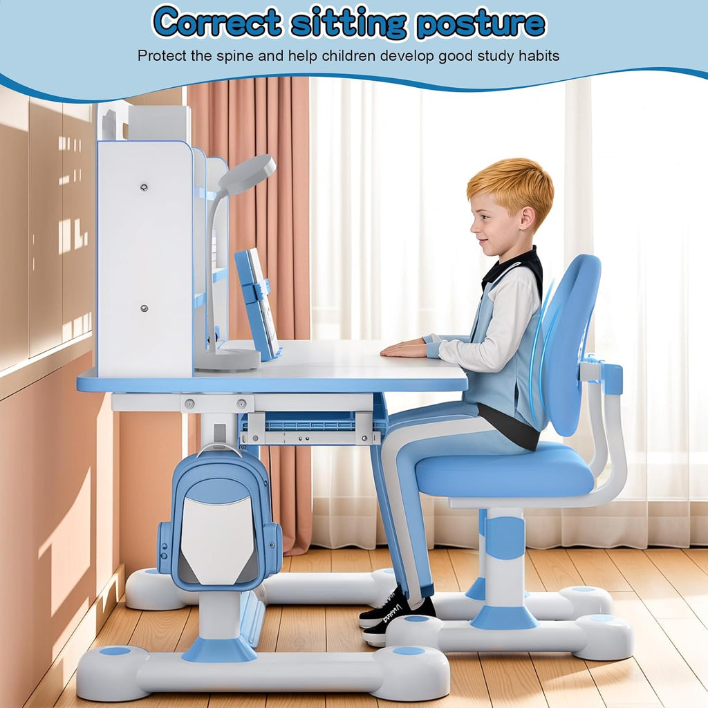 Kids Desk and Chair Set, Height Adjustable Kids Study Table with Widened Tabletop,Tiltable Reading Stand, Spine