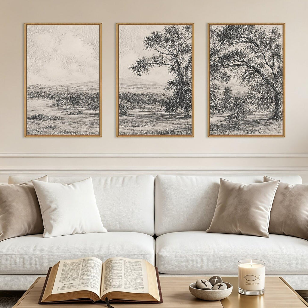 Large Neutral Tree Forest Sketch Framed Wall Art 16x24 Inch Vintage Grey Nature Landscape Canvas Artwork Rustic