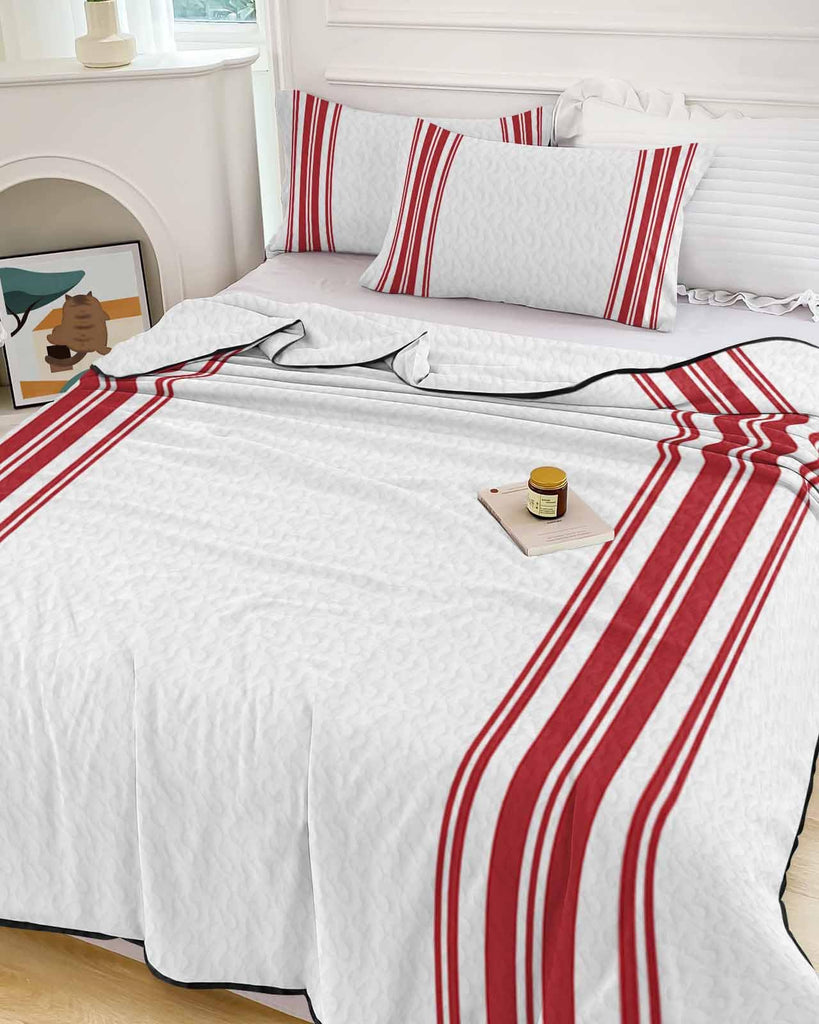 Quilt Sets Queen Size Red Ticking Vertically Stripe Comforter Set Lightweight Soft Bedspread Coverlet Simple Style