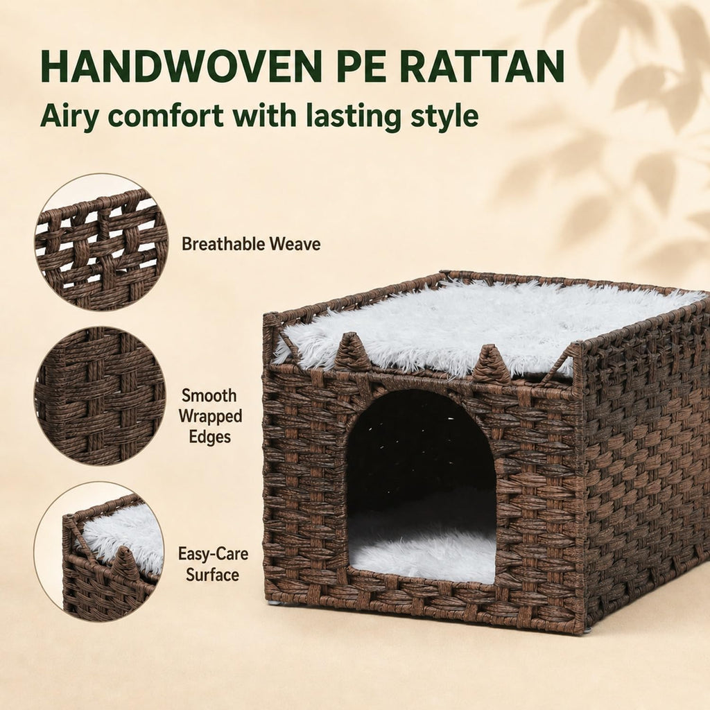 Handwoven PE Rattan Cat Bed with Ears, 2-Level Indoor Cat Cave House with 2 Removable Cushions, Foldable Hideaway