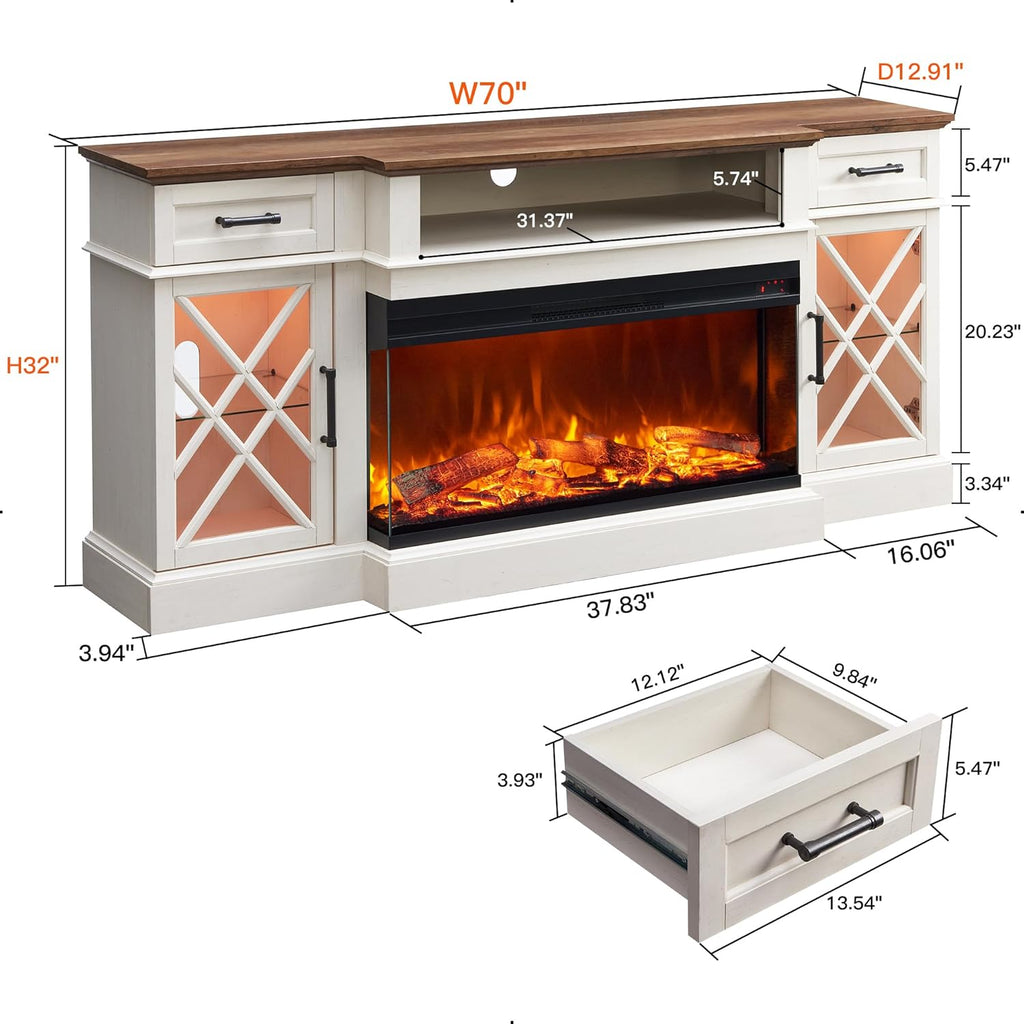 3-Sided Glass Farmhouse Electric Fireplace TV Stand for TVs up to 80'', Highboy Entertainment Center with Glass Door Storage Cabinet, 70'' Large TV Stands with 36'' Fireplace, Antique White A132-B0CDL3XKD4