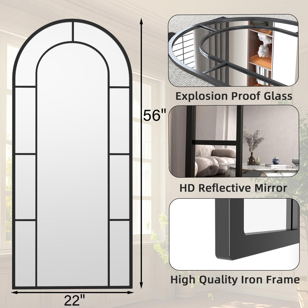 Arched Full Length Mirror, 56"x22" Large Window Floor Mirror, Farmhouse Pane Mirrors with Metal Framed, Full Body