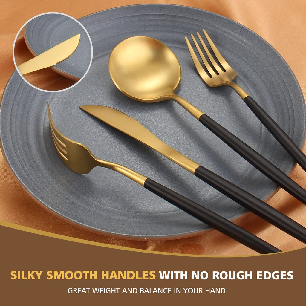 20pc Matte Black Gold Silverware Set for 4,Satin Finish Utensil Set