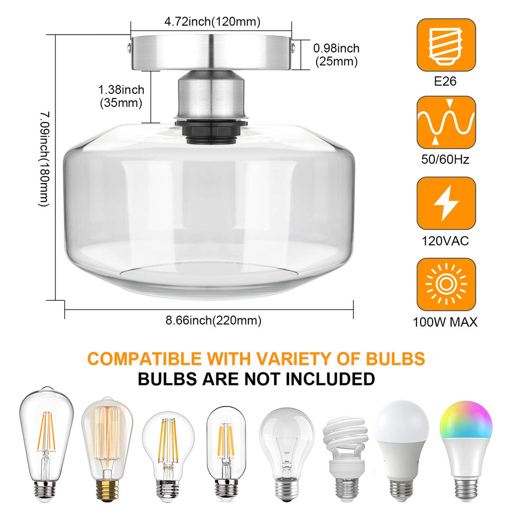 Industrial Semi Flush Mount Ceiling Light Brushed Nickel, Clear Glass Pendant Lamp Shade Farmhouse Lighting Hallway