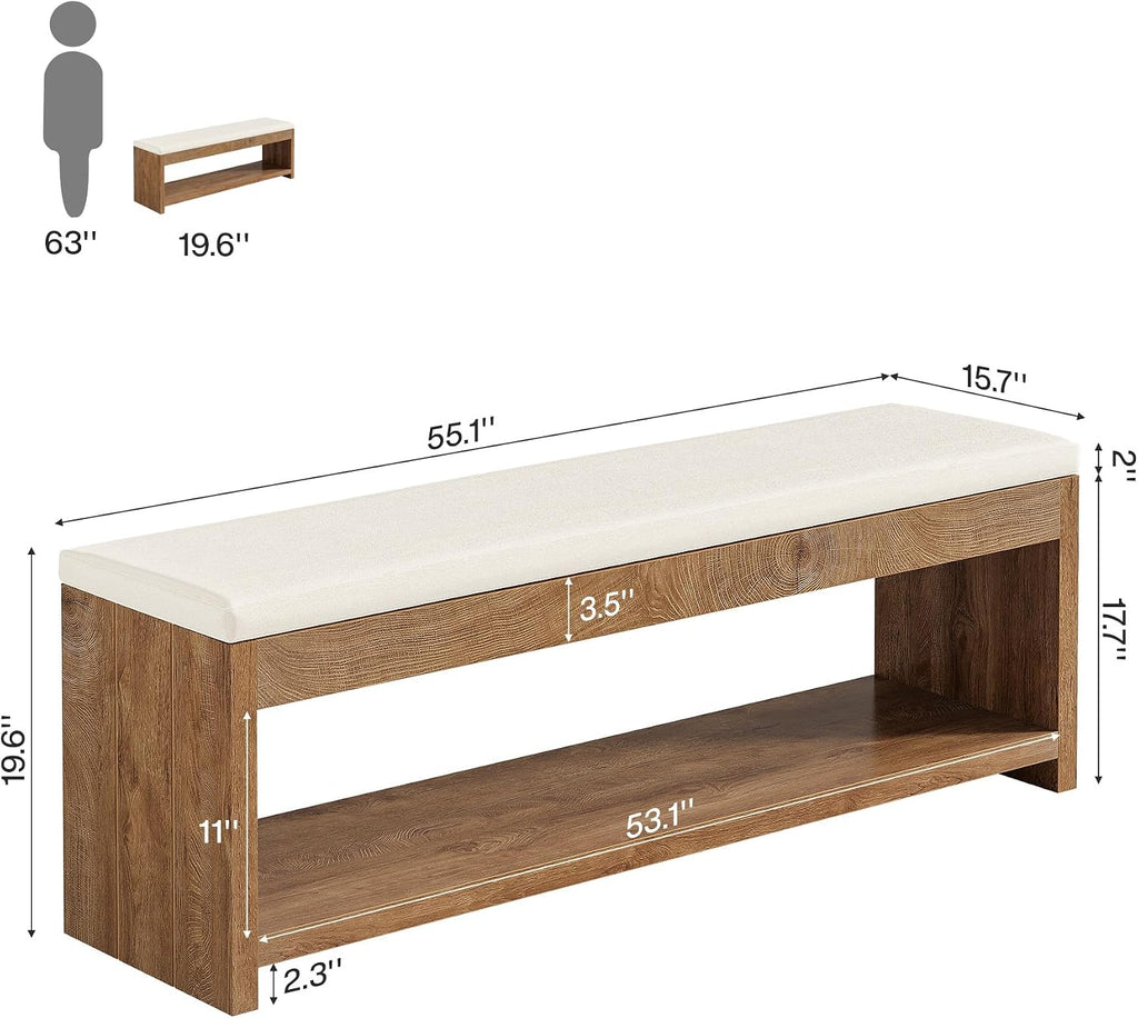 End of Bed Bench with Cushion , 55.1-Inch Wooden Upholstered Storage Bedroom Bench with Shoe Rack
