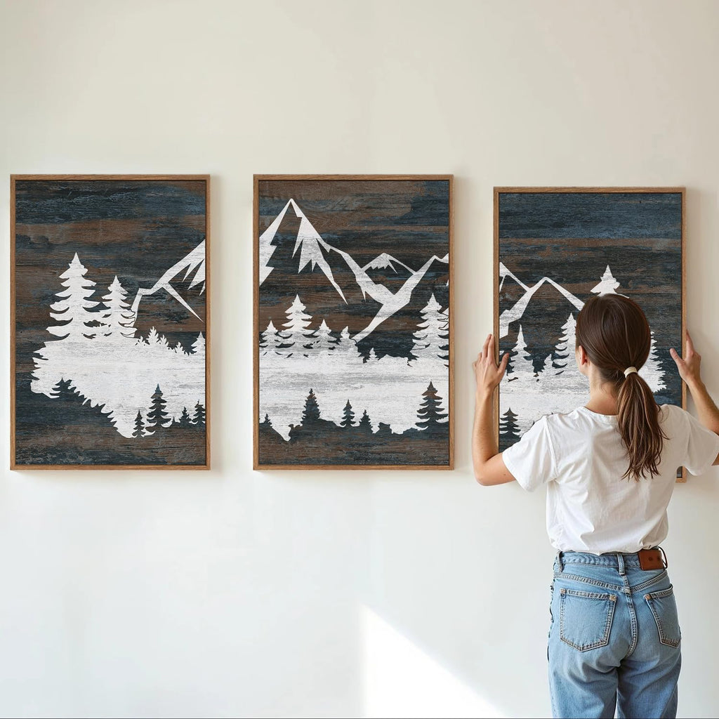 Vintage Mountain Framed Canvas Wall Art, White Snowy Nature Landscape Wall Decor, Rustic Wilderness Forest Art