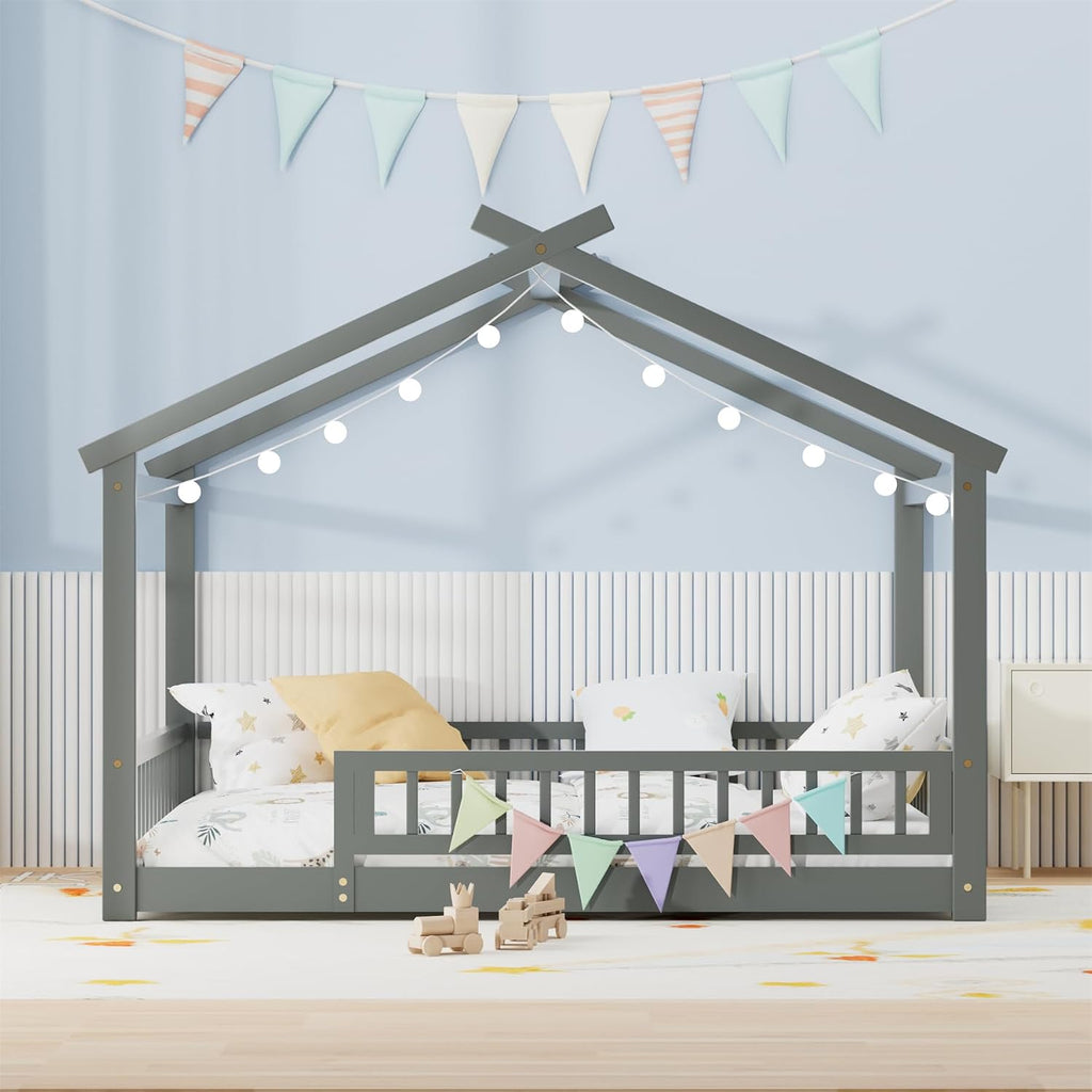 House Bed with Fence, Wooden Montessori Bed with Slats Support, Floor Bed Frame for Boys Girls Bedroom, Gray