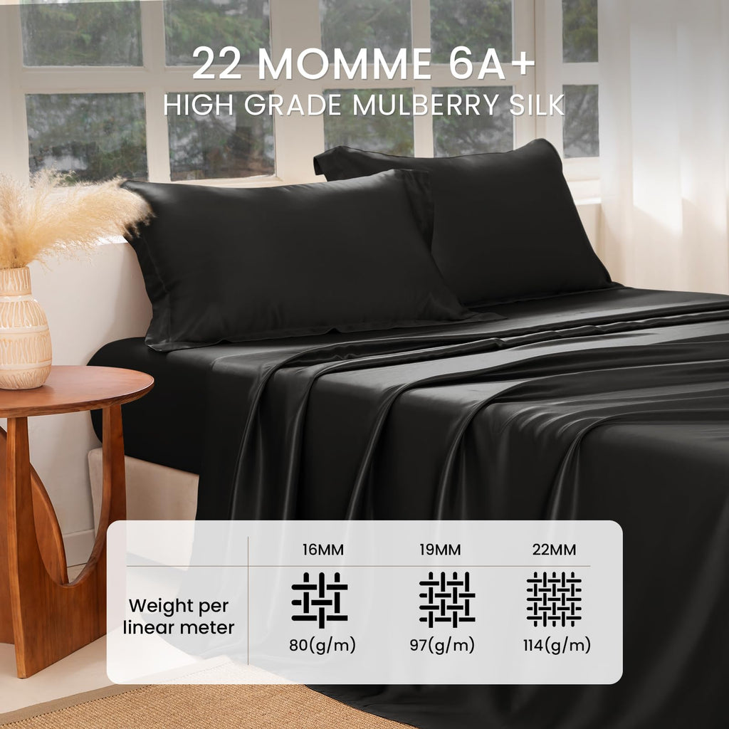 Silk Sheet Set 4 Pcs, Full Size Sheet Set, 22 Momme 7A+ Silk Sheets, Soft and Breathable Bed Sheets with 1 Flat