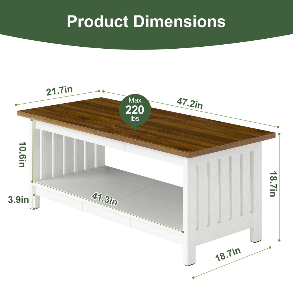 47.2" Farmhouse Coffee Table - Coffee Tables, Small Coffee Table with Storage, Center Table, White