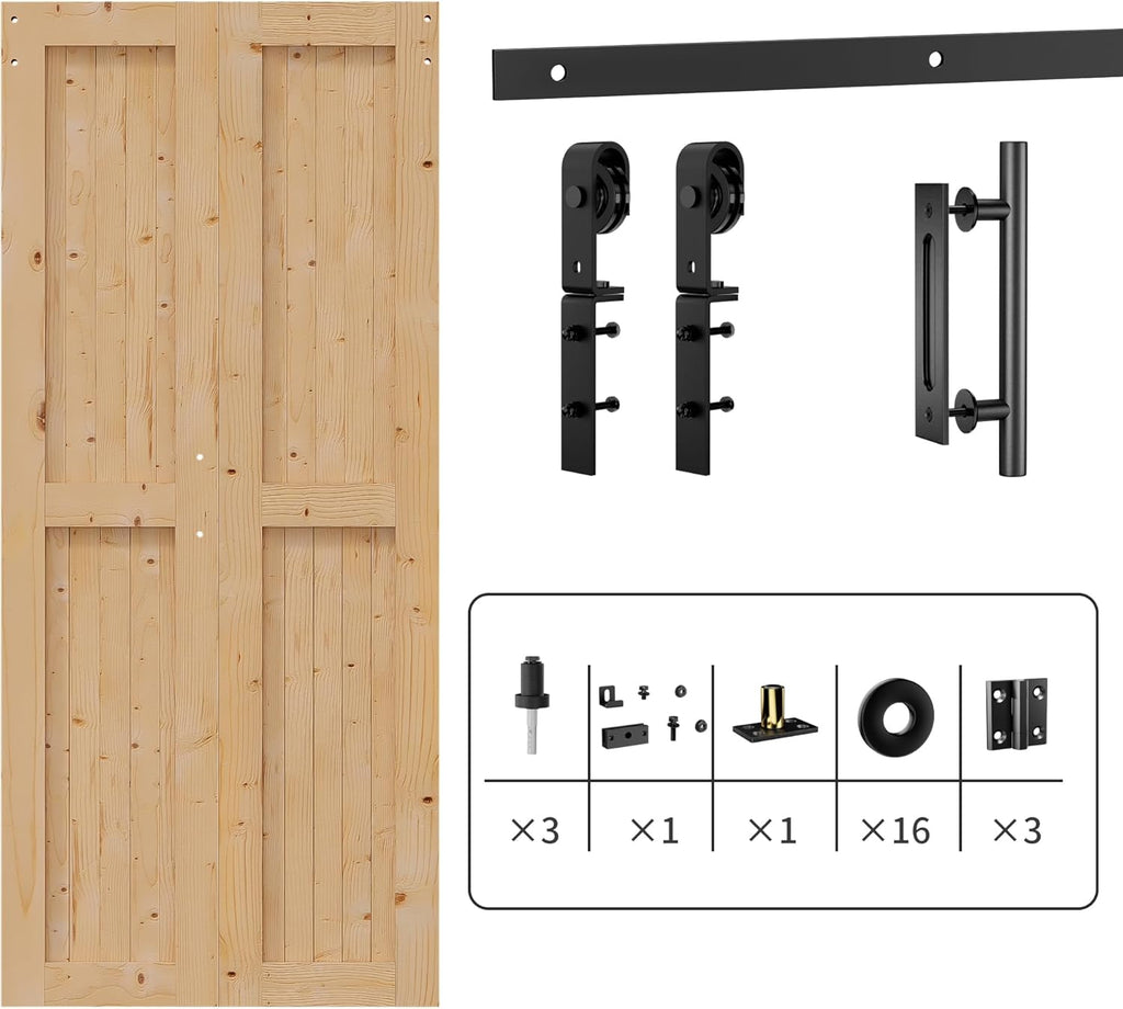 48"x84" Bi fold Barn Door with 52" Bifold Barn Door Hardware Kit for 2 Doors, No-Assembly Solid Spru