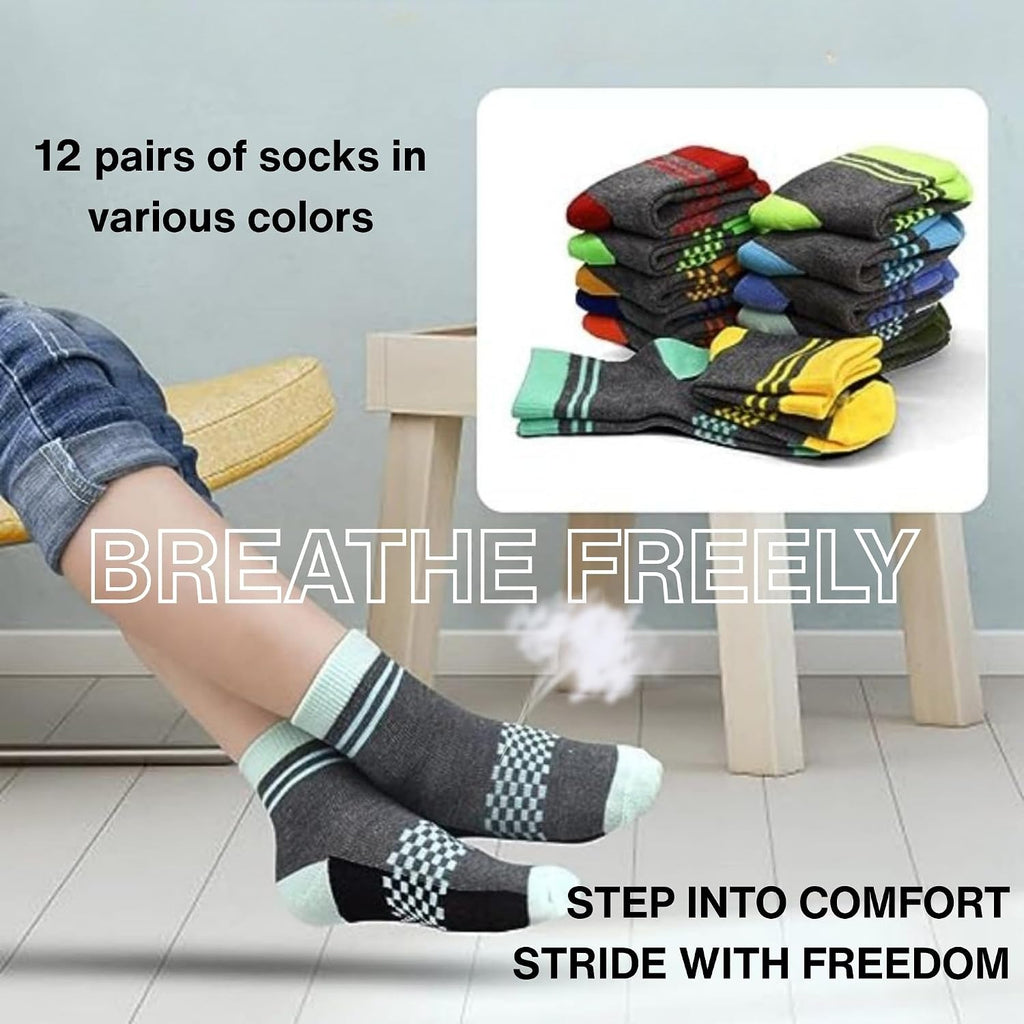 12 Pairs Boys Crew Socks Colorful Toddler Athletic Socks