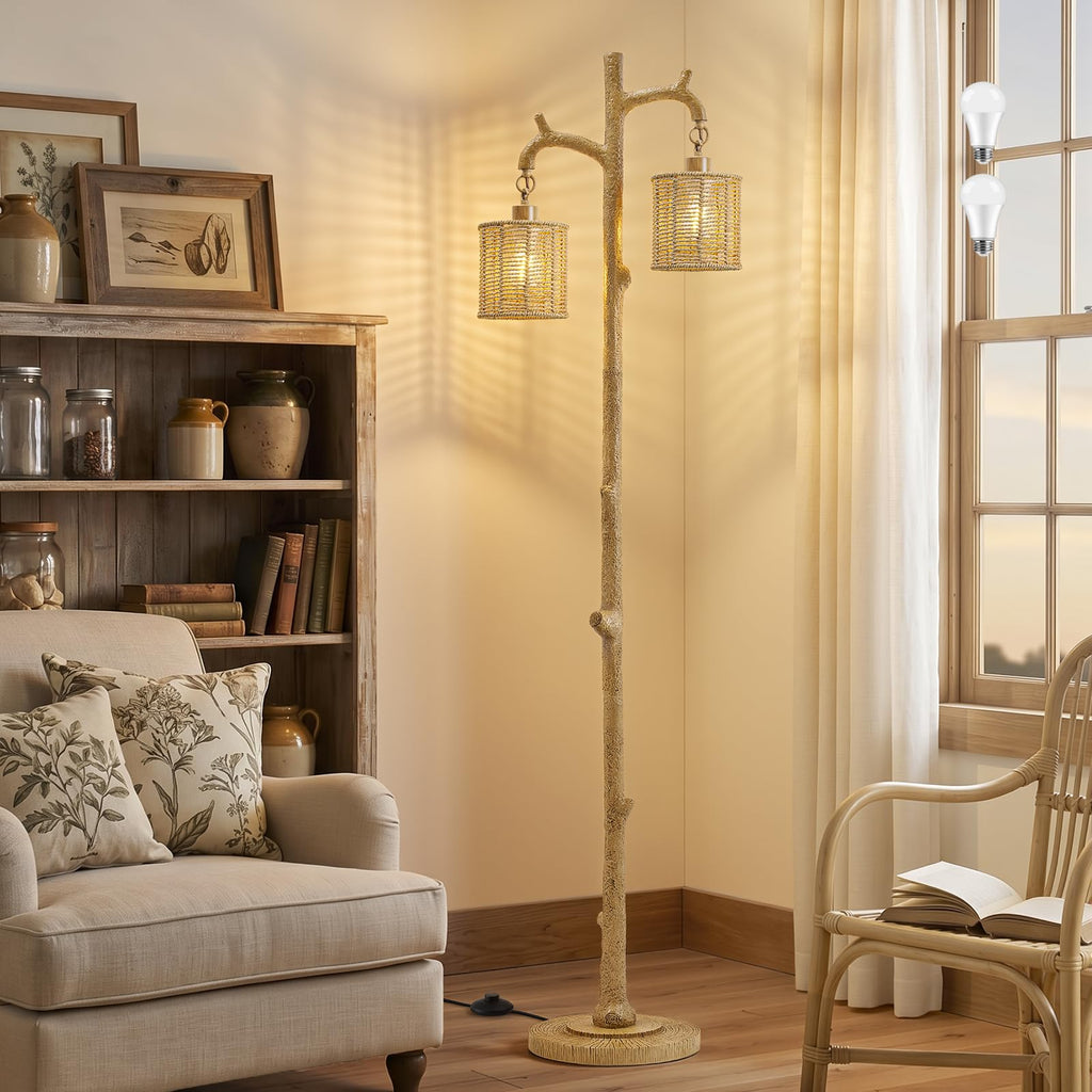 Floor Lamp - 69" Farmhouse Tree Trunk Standing Lamps - Country Resin Tall Lamp with 2 Rattan Lampshade - Rustic Floor
