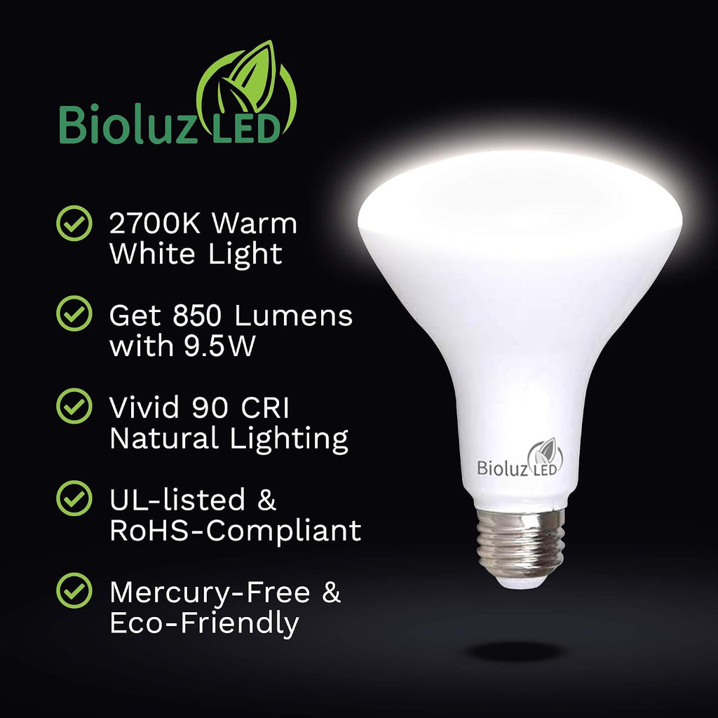 10 Pack BR30 LED Bulbs, Indoor Flood Lights 90+ CRI 75W Equivalent uses 9.5W 2700K Warm White 850 Lumens, E26 Base