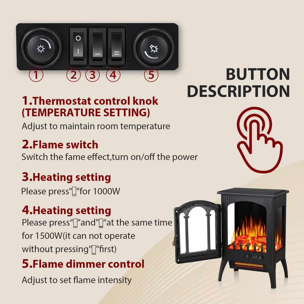 Indoor 22.8" Electric Fireplace Stove, 5100 Btu Freestanding Heater