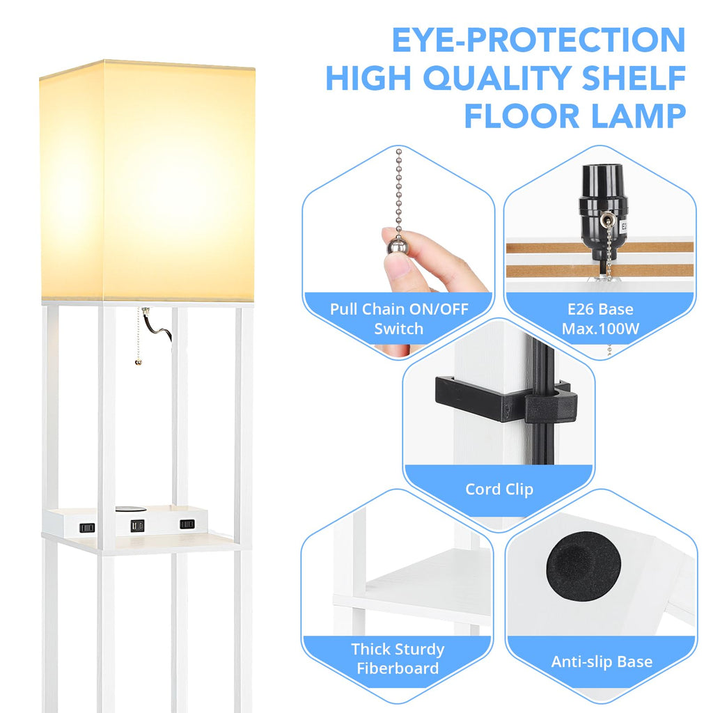 Shelf Floor Lamp with Wireless Charger, USB, Type C, AC Port,White