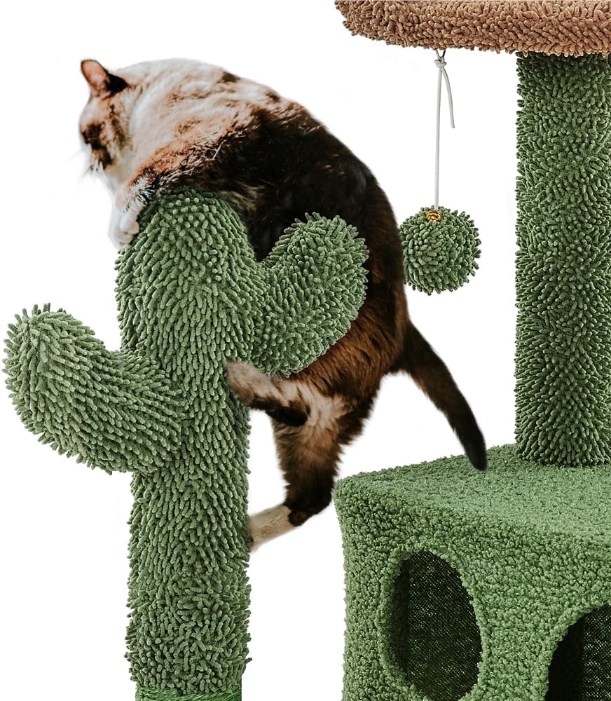 Cactus Cat Tree for Indoor Cats, Green Multi-Level Tower