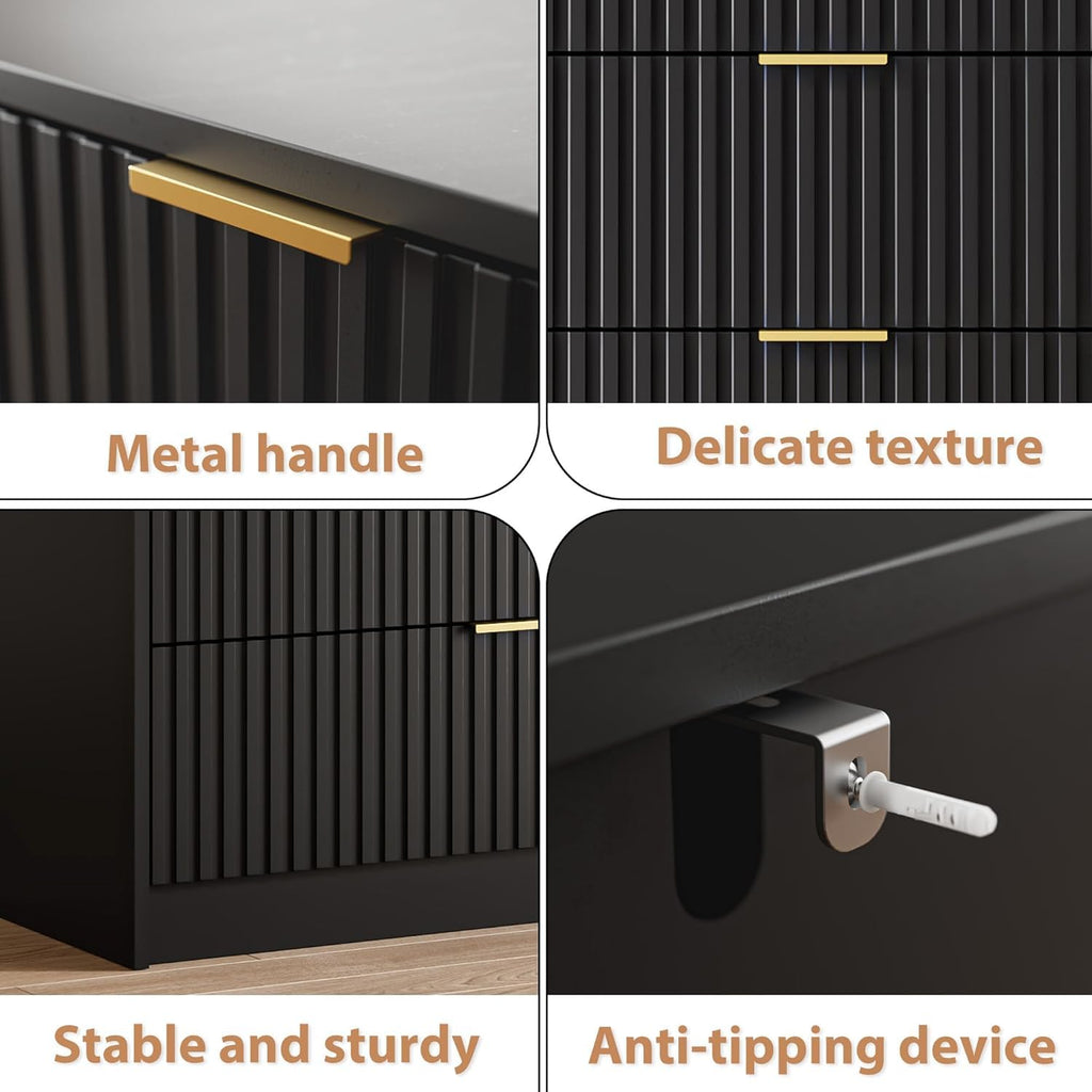 55" Wide Fluted 6-Drawer Double Dresser, Black