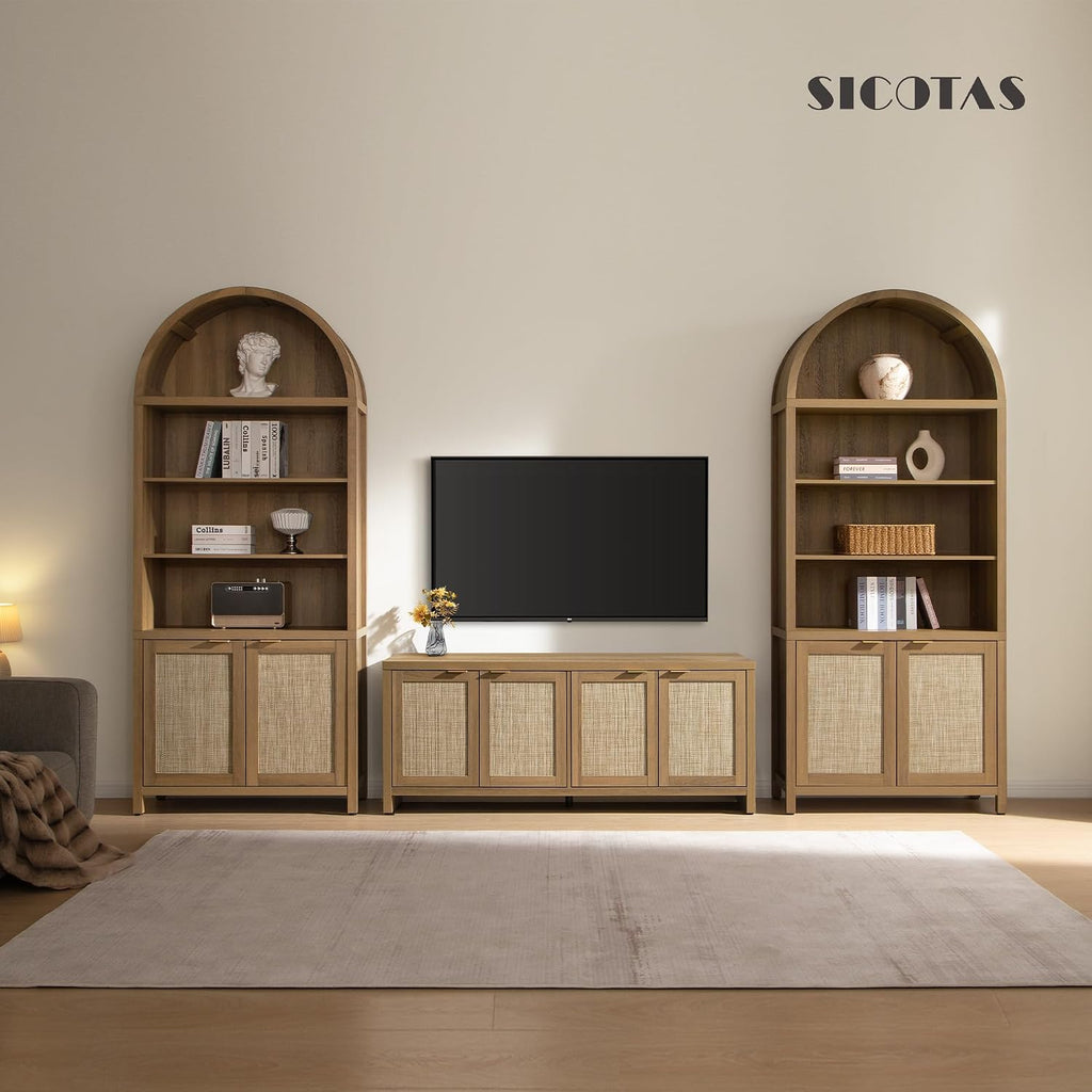 84.2" Tall Arched Bookcase with Doors - 5 Tier Rattan Bookshelf | Boho Arched Cabinet Large Book Shelf Case with