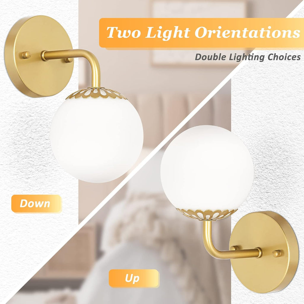 Modern Gold Wall Sconces Set of Two, Mid Century Wall Mounted Lamp, Brass Sconce with White Globe Glass, LED Wall