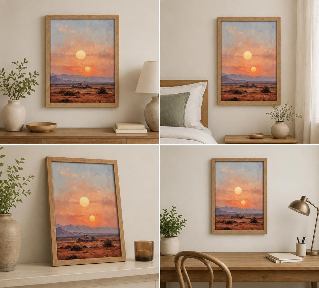 Framed Dual Sun Desert Sunset Western Landscape Canvas Wall Art