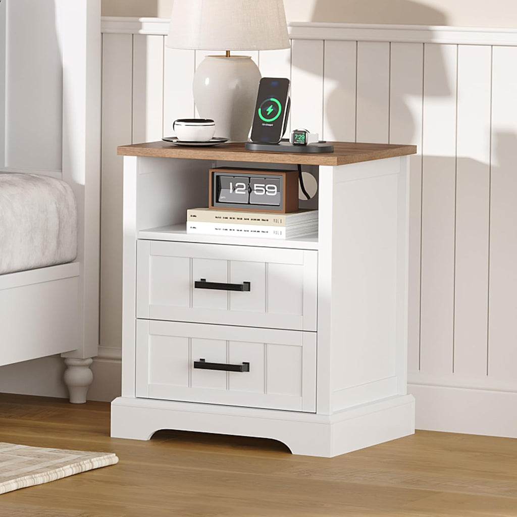 Farmhouse Night Stands with Charging Station, Wood Nightstand Set of 2 with 2 Drawers, Bedside Table with Open