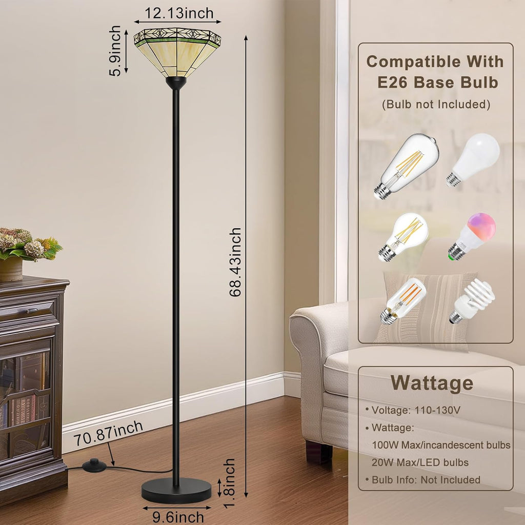 Floor Lamp with Stained Glass Shade, Vintage Style Torchiere Standing Lamp, Tall Pole Lamp with Foot Switch