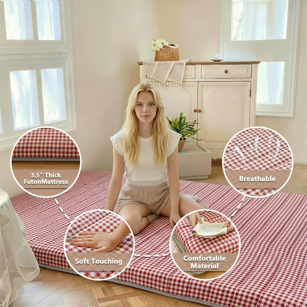 Red Gingham Japanese Floor Mattress, 39" x 80", 3.5" Thick