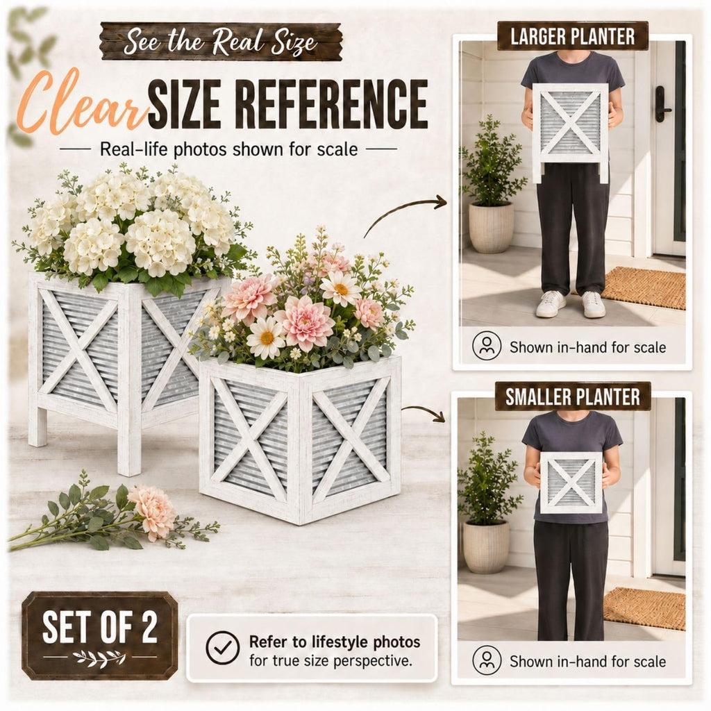 Farmhouse Front Porch Planters Set of 2 Stand with Galvanized Corrugated Metal Planter for Outdoors/Indoors - Rustic