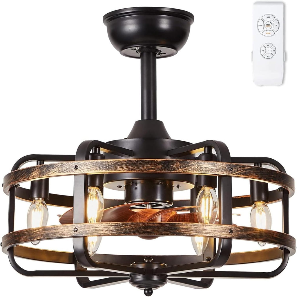 Caged Ceiling Fans with Lights Black Farmhouse 18‘’ Flush Mount Bladeless Rustic Chandeliers Fan Lights with Remote