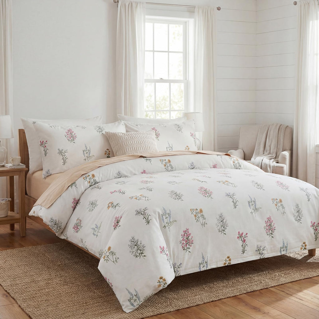 100% Washed Cotton Duvet Cover - Linen Like Reversible Durable Soft Floral Duvet Cover Sets, 3 Pieces White