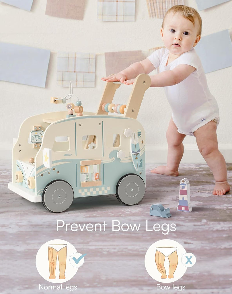 Wooden Baby Walker, Baby Push Walker, Baby Activity Center Toys, Ajustable Speed Multi-Functional Baby Walker