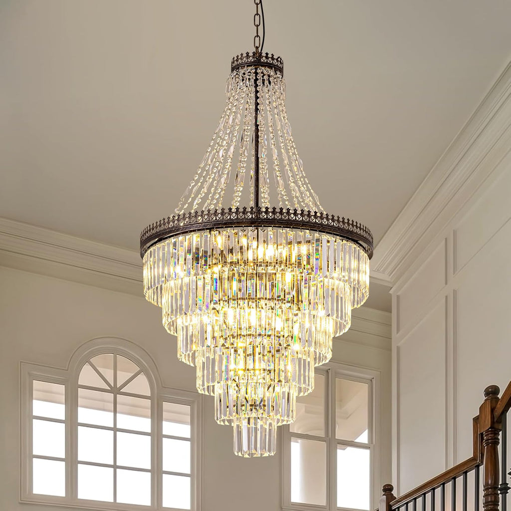 French Empire Crystal Chandelier, Large Vintage Chandelier for High Ceiling, 6-Tier Antique Bronze Lighting, Farmhouse Ceiling Light Fixture for Foyer, Entryway, Living Room, 28" Wx48''H A108-B0DL5PCNJS