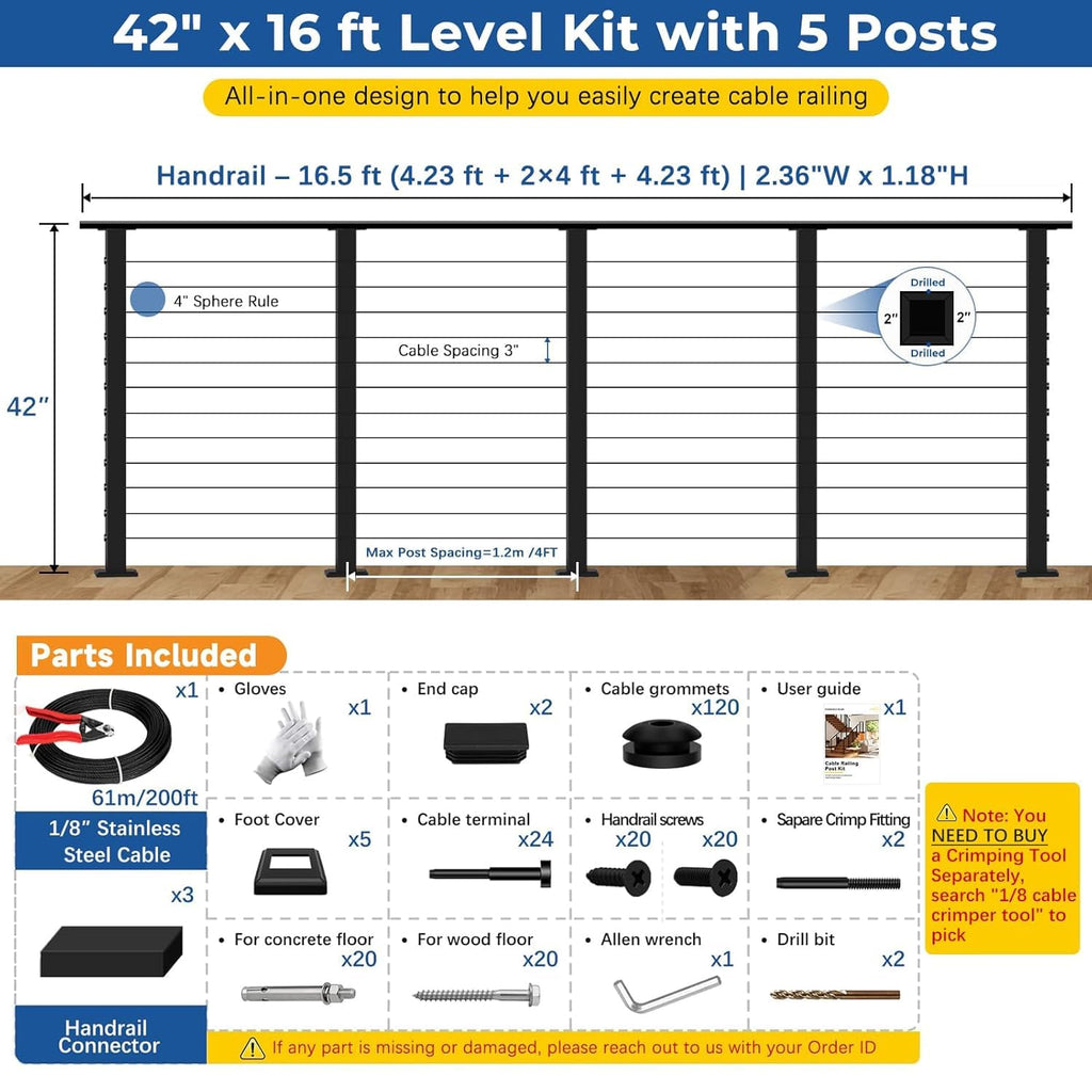 12ft-16ft Modular 42in Cable Railing System for Deck with Handrail