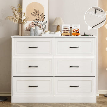 Dresser, 6 Drawer Wide Dresser Organizer with Charging Station with Metal Handles, Woodgrain White