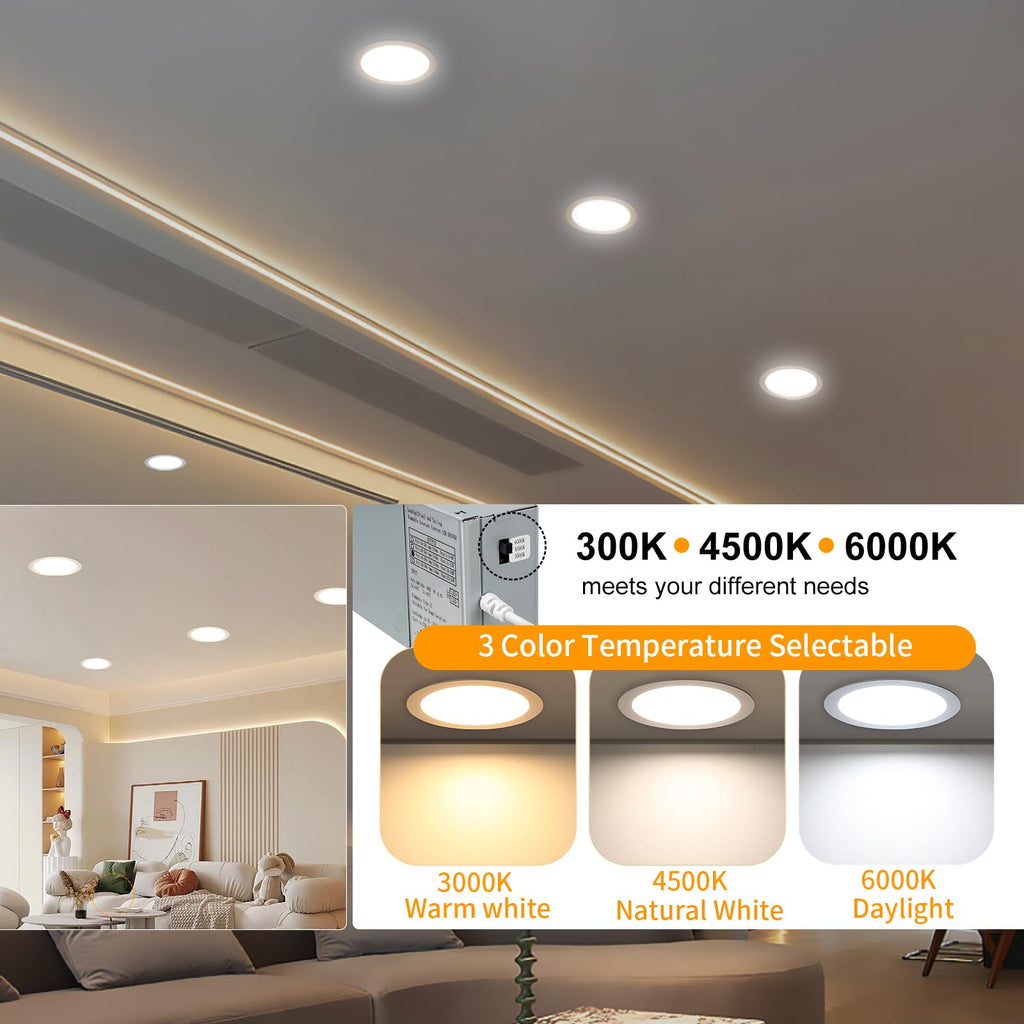 12 Pack 8 Inch LED Recessed Lighting with Junction Box Ultra-Thin, 3000K/4500K/6000K Selectable, 8" Dimmable Canless