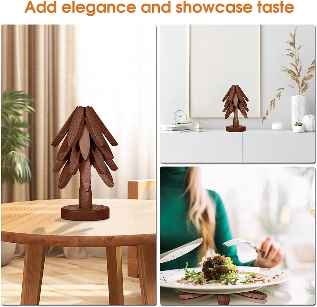 Wooden Cup Coaster Set,Tree Shape Trivet Set,Tree Coasters- 4 Wooden Trivets + 1 Stand stored for hot