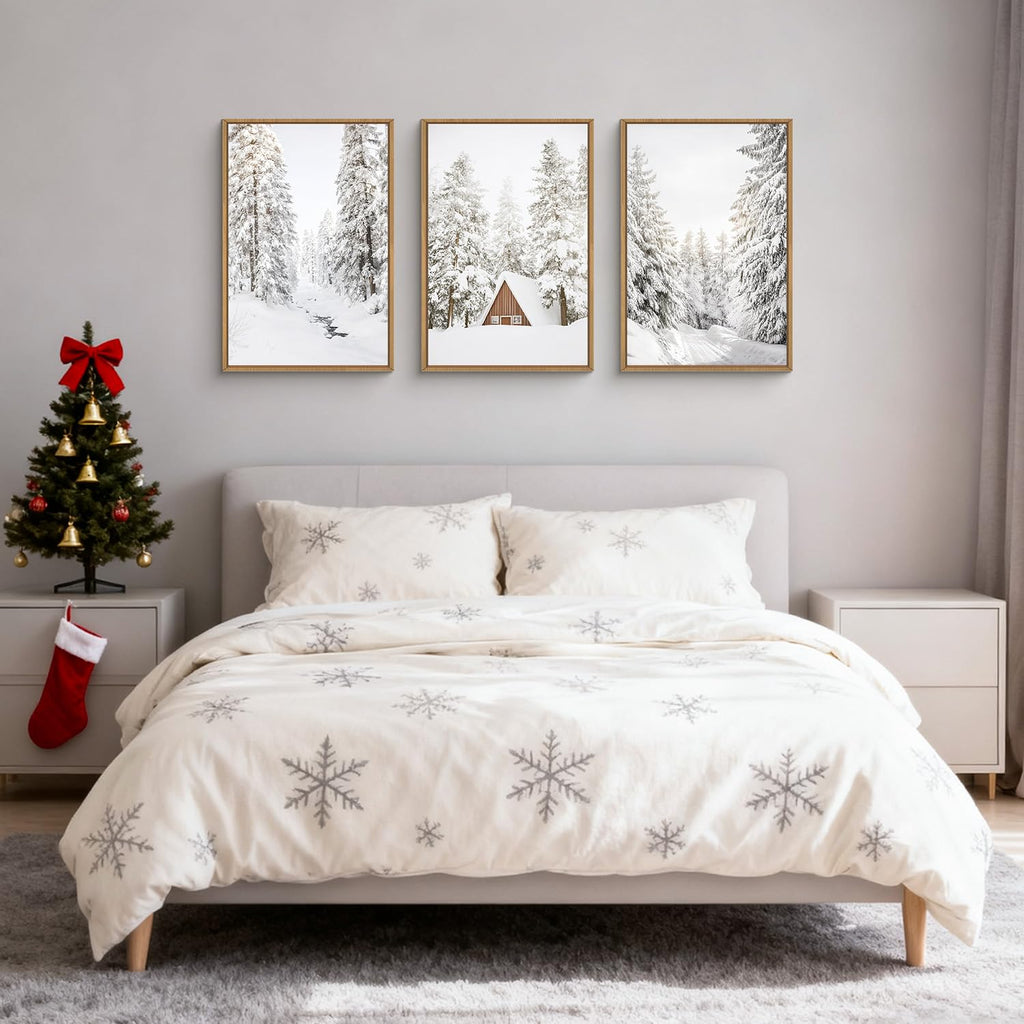 Christmas Snow Forest Framed Wall Art Set of 3, Large Winter Mountain Pine Tree Decor, Vintage White Cabin Landscape