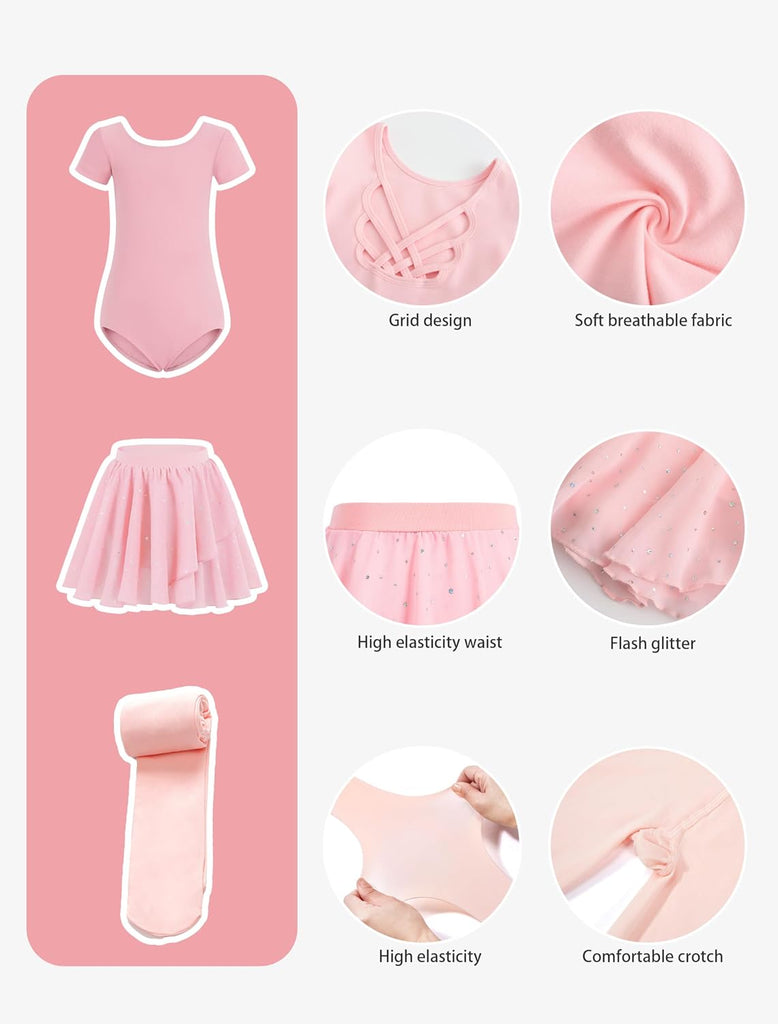 Girls Ballet Leotards Combo with Tights Skirt Removable Toddler Ballerina Dance Dresses Soft Outfit Short Sleeve