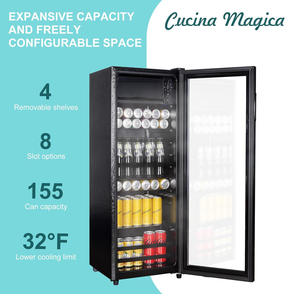 4.8 Cu.Ft Beverage Refrigerator, 155 Can Mini Fridge with Freeze with Glass Door