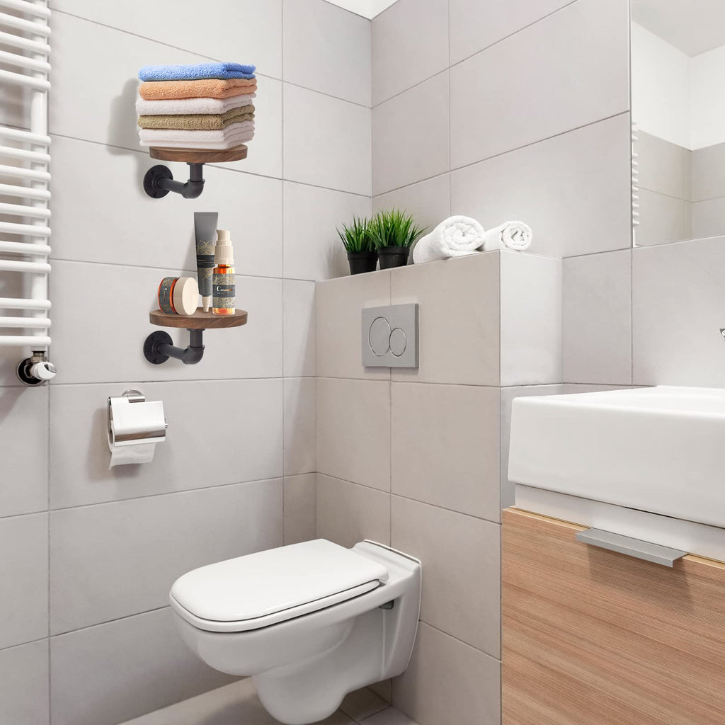 5.9inch Wall Mounted Floating Shelves Round Display Rack with Metal Industrial Pipe Brackets, Rustic Wood Shelving