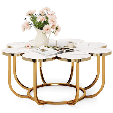39.37-Inch White and Gold Coffee Table, Modern Flower-Shaped Center Table with Faux Marble Top & Metal Frame, Floral