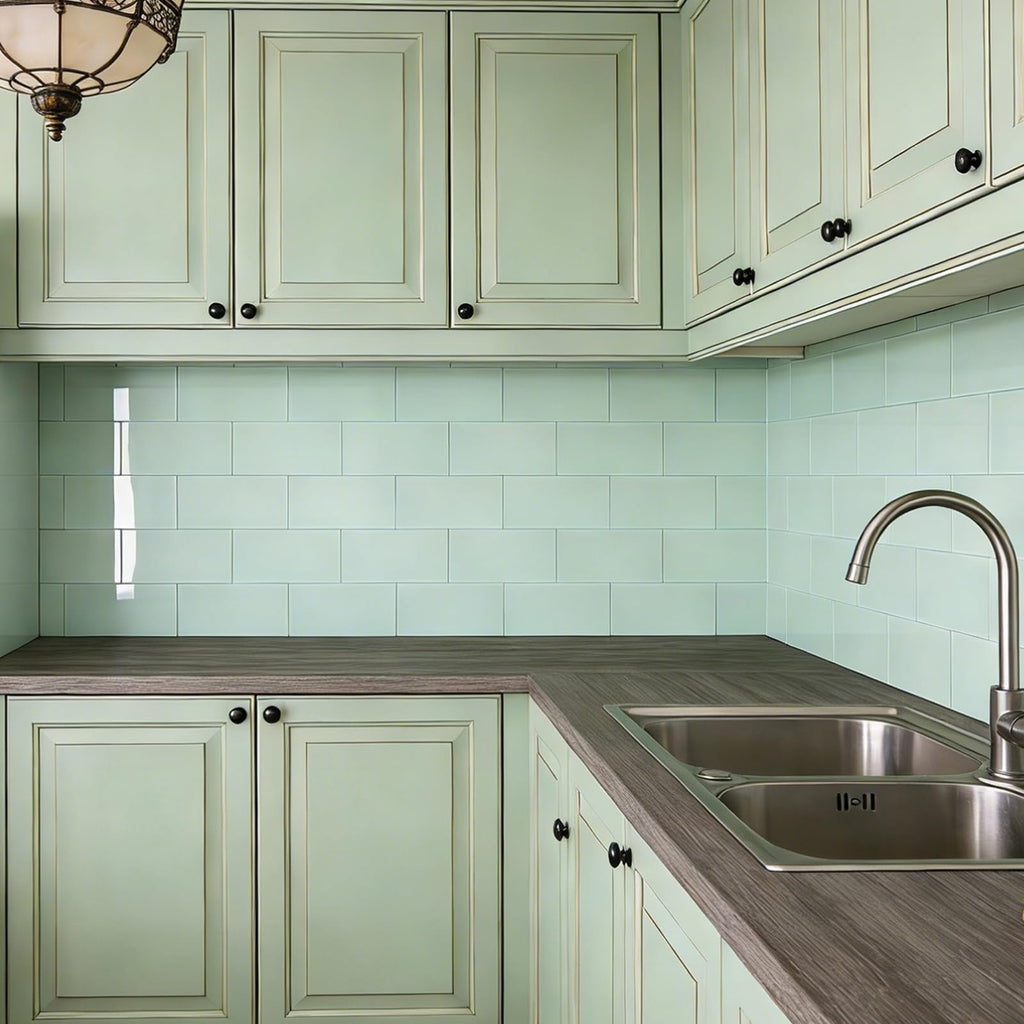 Peel and Stick Glass Subway Tile, 3 x 6 Inch, 5 Sq Ft, Light Green Glass Kitchen Backsplash Wall, 40-Pack
